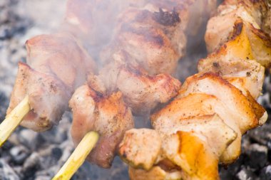 Geleneksel Gürcistan yemeği, ateşte Mtsvadi, ızgarada çiğ yemek, barbekü.