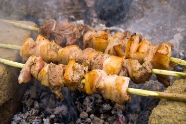 Geleneksel Gürcistan yemeği, ateşte Mtsvadi, ızgarada çiğ yemek, barbekü.