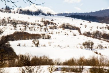 Kış manzarası ve manzarası, güneş ışığı ve kar Gürcistan 'da, dağ manzarası