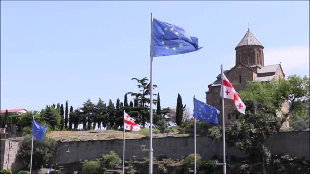 Video Bandera Unión Europea Estrellas Color Azul Cielo Azul Primer — Vídeos de Stock