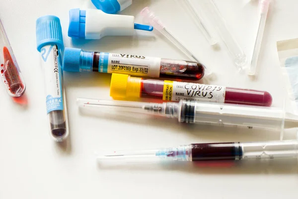 Blood test samples, tube and needle for blood test on the white background