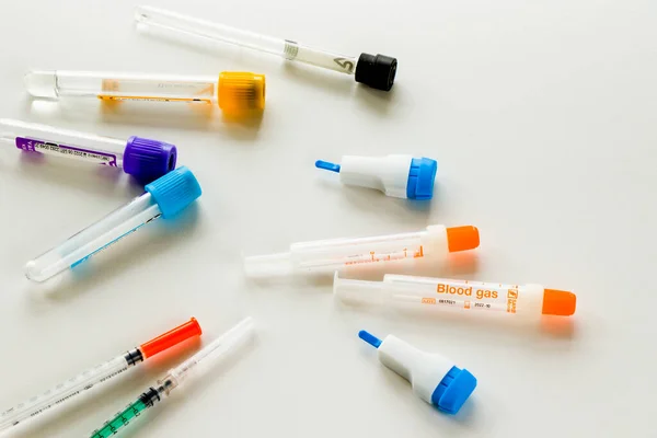 Blood test samples, tube and needle for blood test on the white background