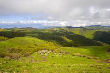 Georgia 'daki dağ manzarası. Didgori yolundan manzara. Bulutlar ve mavi gökyüzü.