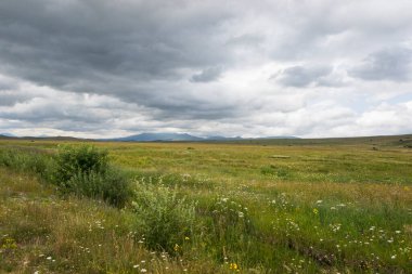 Mountain landscape and view in Tsalka, Georgia. Green field and clouds.