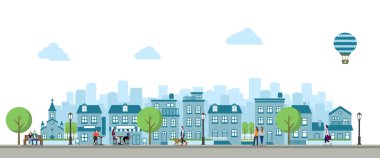 Modern şehir / kasaba sokak düz vektör çizimi (Günlük hayatta insanlar)