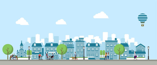 Modern city / town street flat vector illustration (People in daily life)