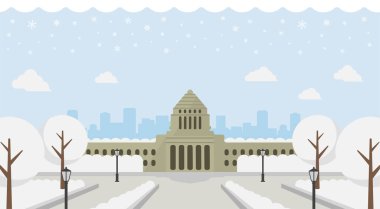 Japanese parliament building vector banner illustration / winter clipart
