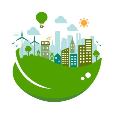 Yeşil eko şehir vektör illüstrasyonu (ekoloji konsepti, doğa koruma )