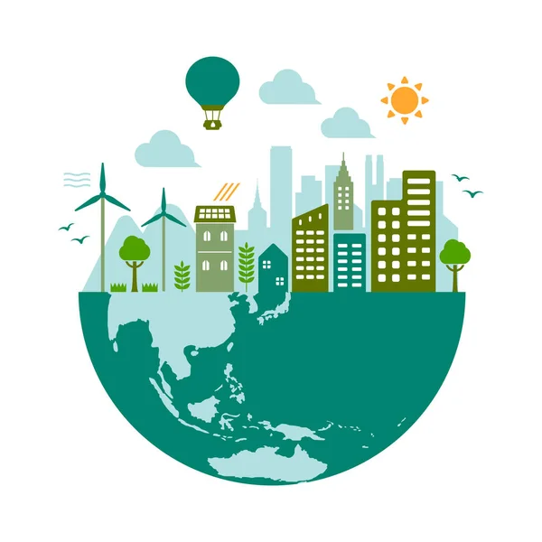 Groene Eco City Vector Illustratie Ecologie Concept Natuurbehoud — Stockvector