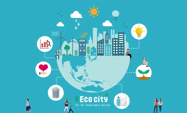 Οικολογία Ζωή Eco City Vector Banner Εικονογράφηση Έννοια Οικολογία Διατήρηση — Διανυσματικό Αρχείο