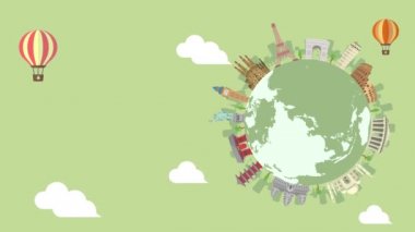 Seyahat, tatil, gezici animasyon afişi (4K). Dünya mirası ve dünyaca ünlü binalar. metin sürümü yok.