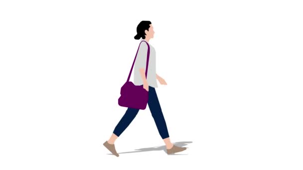 Mujer Caminante Con Bolsa Animación Dibujos Animados Animación Bucle Vídeo — Vídeos de Stock