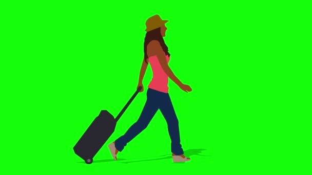 Wanita Kulit Hitam Berjalan Dengan Animasi Kartun Tas Perjalanan Animasi — Stok Video