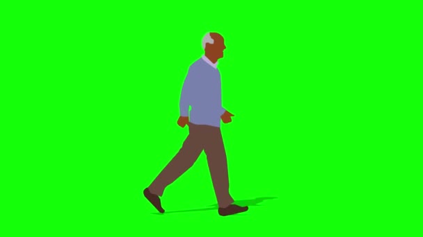 黒のシニア人の漫画のアニメーションウォーキング ループアニメーション 4Kビデオ 背景の緑の背景透明使用 — ストック動画