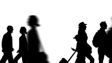 Büyük bir kalabalık geçişinin animasyonu (4K video). Siluet versiyonu. Yakın çekim görünümü.