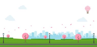 Kamu parkı peyzaj vektör çizimi. Bahar sezonu. Kiraz çiçekleri.