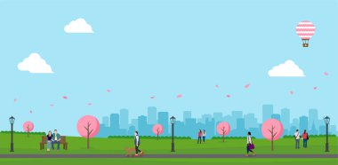 Kamu parkı peyzaj vektör çizimi. Bahar sezonu. Kiraz çiçekleri.