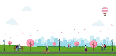 Kamu parkı peyzaj vektör çizimi. Bahar sezonu. Kiraz çiçekleri.