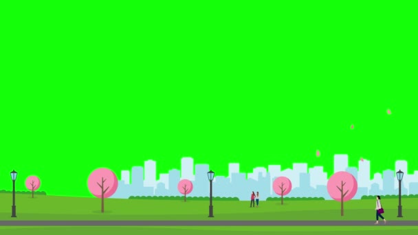 Animation Personnes Marchant Dans Parc Printanier Fleurs Cerisier Vidéo Fond — Video