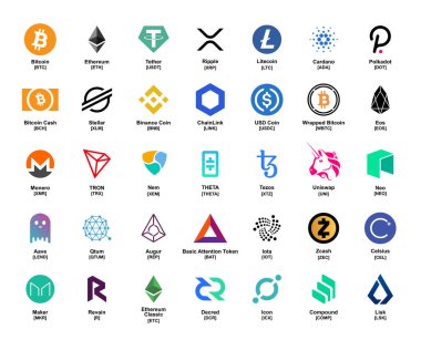 2021 Yeni Popüler Kripto Para Birimi (Bitcoin, altcoin) simge vektör çizimi