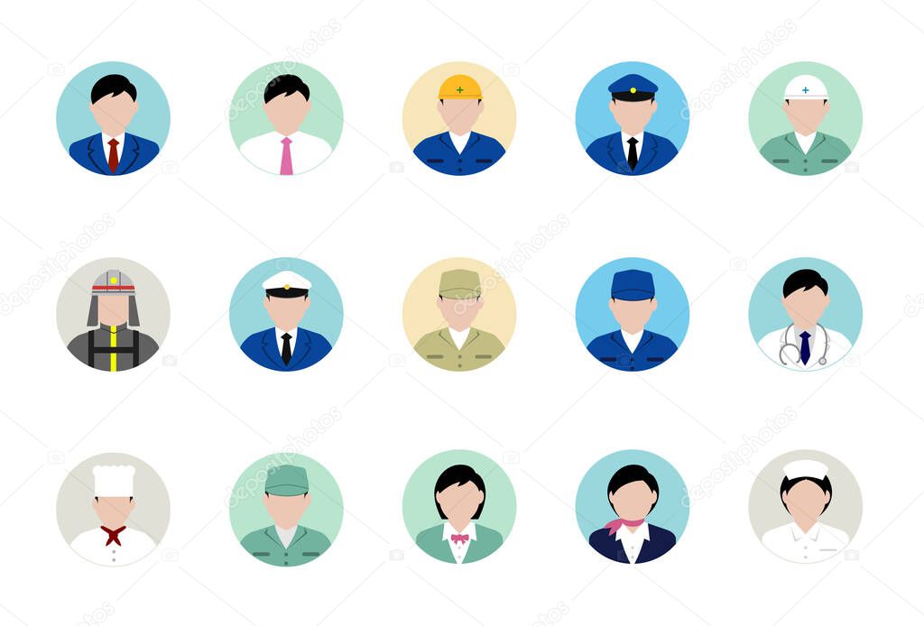 Circular worker avatar icon illustration set (upper body) / business person, blue collar worker, police man, cook , doctor etc.