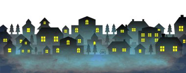 Şehir ışıkları manzara silueti çizimi (grunge doku