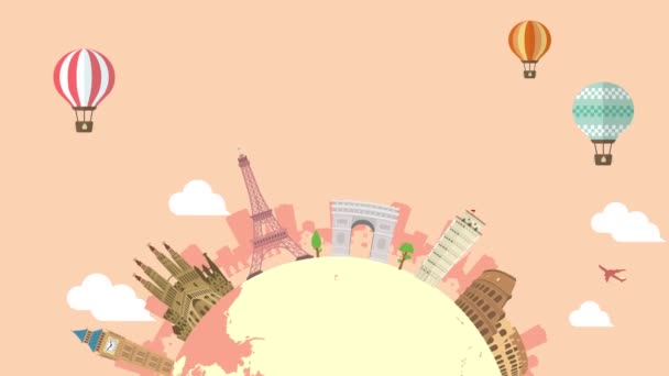 Путешествия Отпуск Просмотр Анимационного Баннера Всемирное Наследие Всемирно Известные Здания — стоковое видео