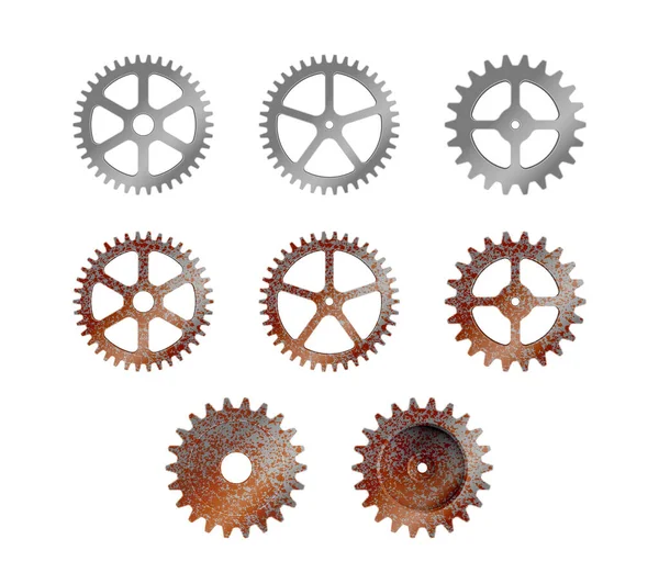 Realistic Machine Gear Cogwheel Vector Illustration Set Silver Rusty — Stock Vector