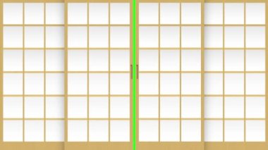 Shoji (Japon geleneksel sürgülü kapısı) 4K animasyonunu aç ve kapat. Şeffaf kullanım için yeşil arkaplan.