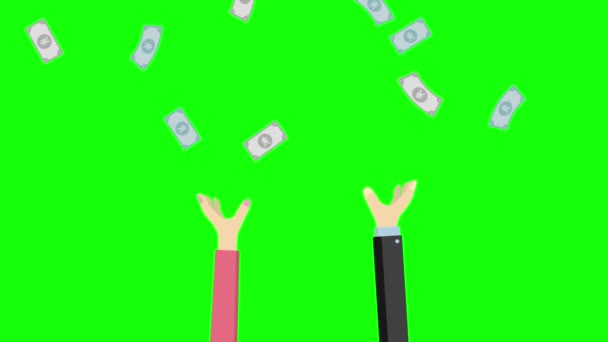 卡通片4K动画的下降的钱和手的人试图赚钱 他们得到了很多钱 色键使用的绿色背景 — 图库视频影像