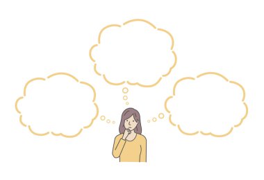 Konuşma baloncukları ile düşünen bir kadının vektör çizimi.