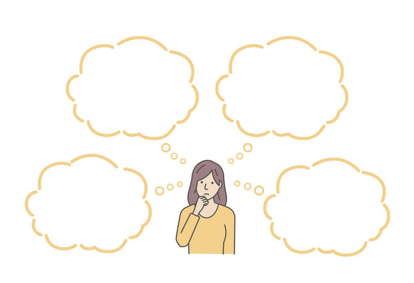 Vector illustration of a thinking woman with speech bubbles.