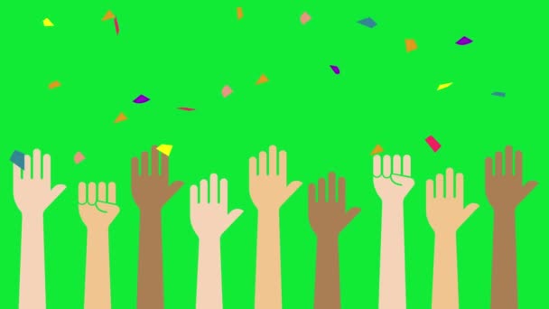 Animation Various Races Raising Hands Green Background Chroma Key Use — Stock Video