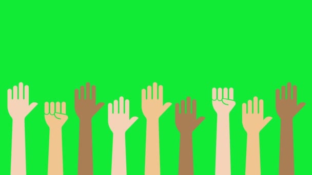 Animation Various Races Raising Hands Green Background Chroma Key Use — Stock Video