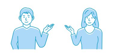 Genç bir erkek ve kadının (çift, aile) tanıtım ya da yönlendirme sunumu