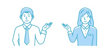 Vector illustration of a young man and woman  introducing or navigating