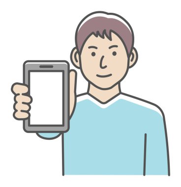 Genç adam akıllı telefon vektör illüstrasyonunu gösteriyor