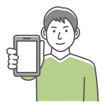 Genç adam akıllı telefon vektör illüstrasyonunu gösteriyor