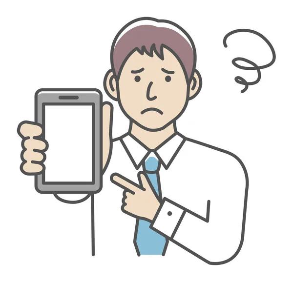 Junger Geschäftsmann Zeigt Smartphone Displayvektorillustration Ärger Sorge — Stockvektor