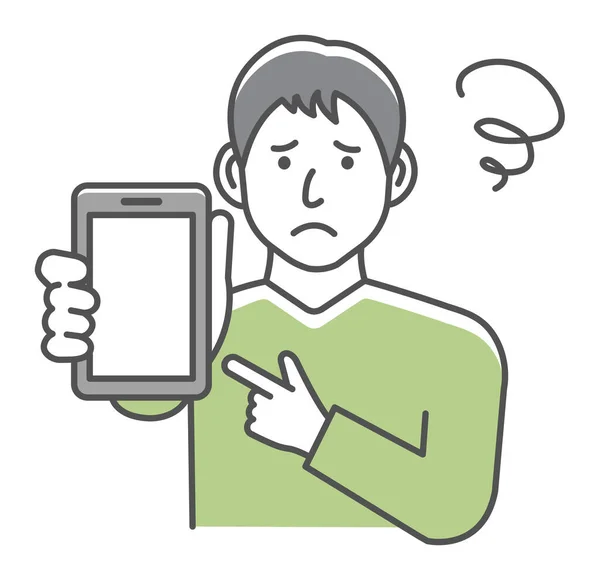 Junger Mann Zeigt Smartphone Vektor Illustration Ärger Sorge — Stockvektor