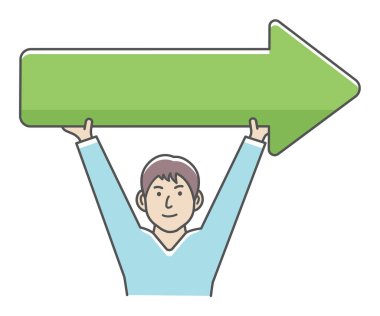 Elinde ok işareti çizimi tutan genç adam..