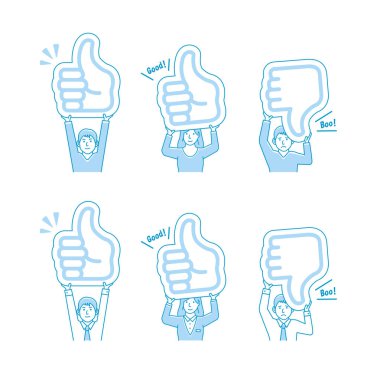 Karton tabak tutan genç adam ve kadın (başparmak yukarı, baş parmak aşağı) illüstrasyon seti.