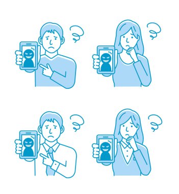 Akıllı telefon dolandırıcılığı ile başı dertte olan insanların vektör illüstrasyonu.