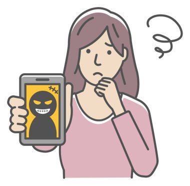 Akıllı telefon dolandırıcılığıyla başı dertte olan bir kadının vektör çizimi.