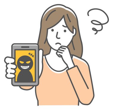 Akıllı telefon dolandırıcılığıyla başı dertte olan bir kadının vektör çizimi.