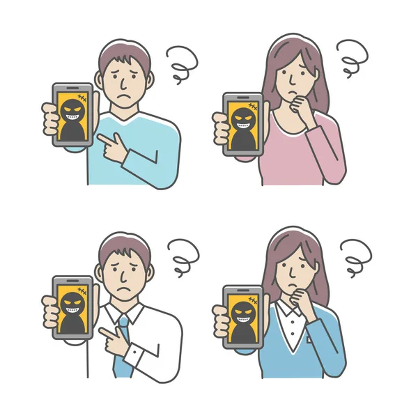 Vector Illustration Set Von Menschen Schwierigkeiten Mit Smartphone Betrug — Stockvektor