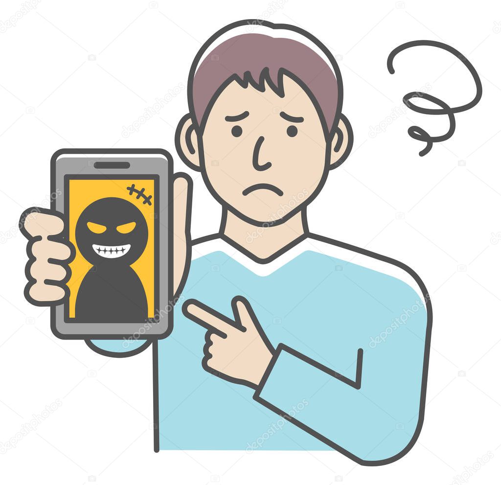 Vector illustration of a man in trouble with smartphone fraud.