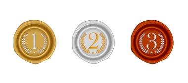 Mühür damgalı vektör illüstrasyon seti (numara, sıralama) 1 ile 3 arasında (altın, gümüş, bronz )