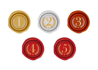 Mühür damgalı vektör illüstrasyonu (numara, sıralama) 1 'den 5' e (altın, gümüş, bronz, kırmızı) )