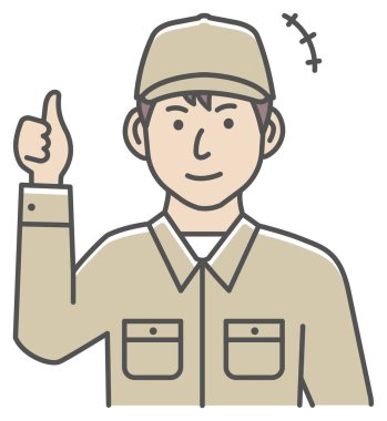 Mavi yakalı erkek işçi el hareketi gösterimi: 124; baş parmak yukarı, tamam